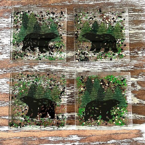 Black Bear Glitter Resin Drink Coasters Set of 4 House Housewarming Gift Kitchen - Picture 1 of 4